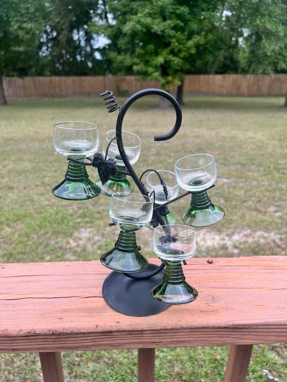 Vintage Green Ribbed Stem Shot Glasses with Iron Leaf Stand, Set of 6